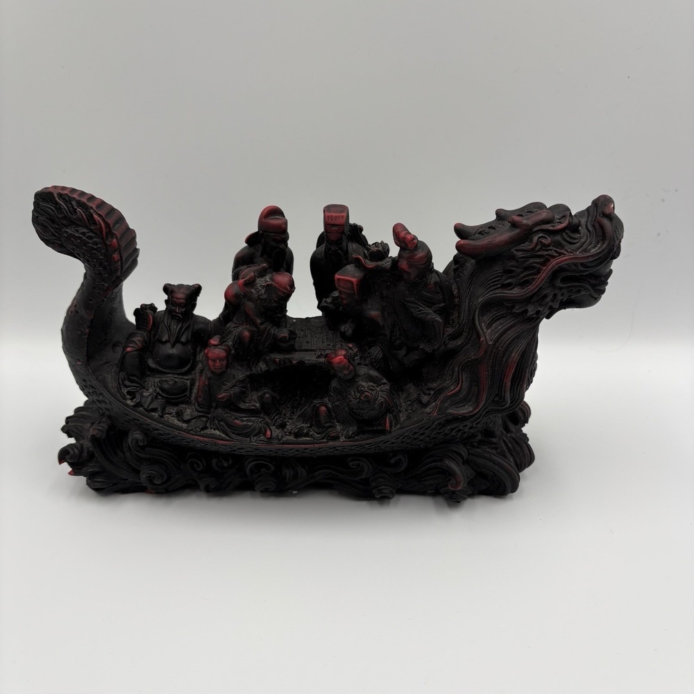 Vintage‎ Chinese Dragon Boat Checkers Scene Figure ~10" Heavy Resin Chinoiserie